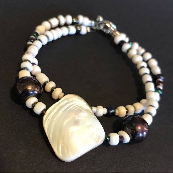 New Handmade Adult / Child Matching Bracelets, Beaded. Cream/Metallic Charcoal - Picture 5 of 10